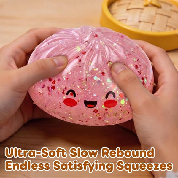 Glitter Dumpling Squishy, Dumpling Squishies, Glitter Dumpling Mystery Box, Farverige Dumpling Stressbolde Fidget, Jumbo Squishy Legetøj med Damperkasse Sæt Glitter Pink
