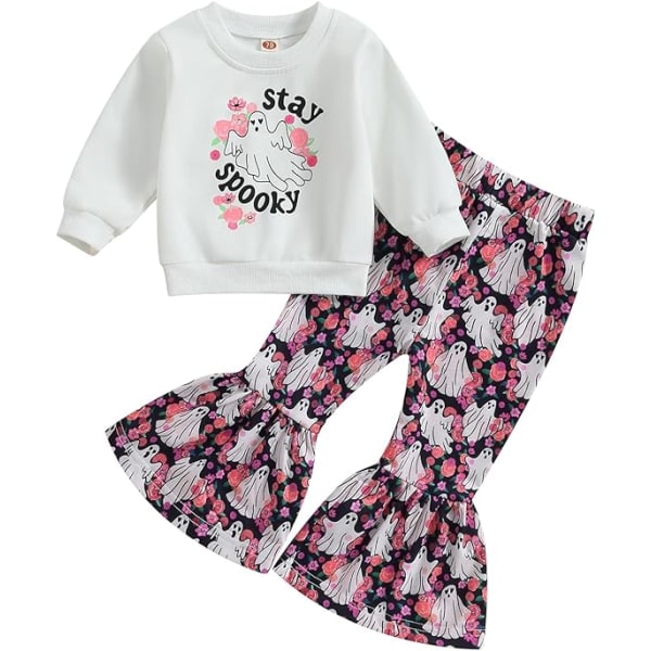 Småbørns Baby Girl Halloween Tøj Kid Girl Sød Græskar Print Outfits Pullover Sweatshirts og Flare Bukser Sæt（Størrelse：90CM）Foreslå Alder:12-18Måneder