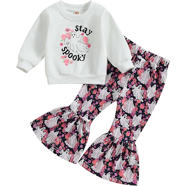 Taapero Baby Girls Halloween -vaatteet Lapsi Tyttö Söpö Kurpitsa Tulosta Asuja Puserot Ja Liehu Housut Set（Koko：110CM）Ehdotettu Ikä:2-3 Vuotta