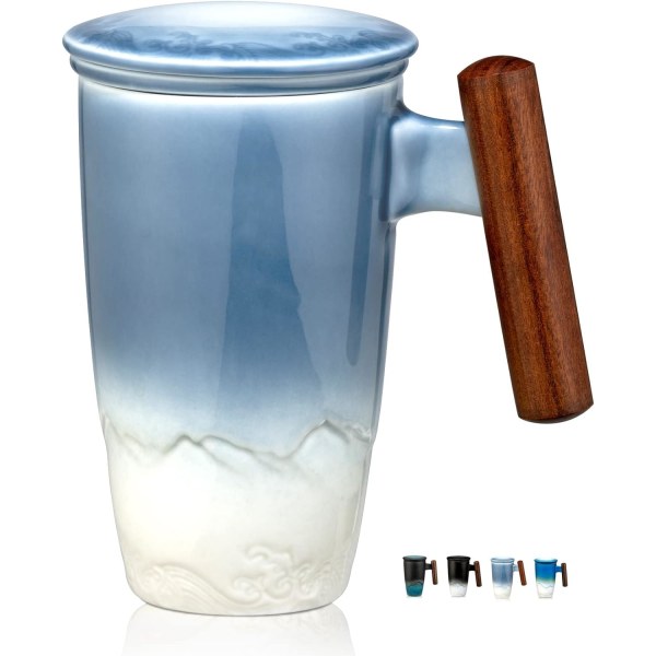 Tomotime Tekopp med Infuser och Lock 400ml Keramisk Tekopp Slät Invändig Vägg Trähandtag 13.5 oz, Blå
