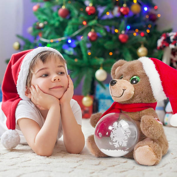 10'' Julebamse Plysdyr, LED Lys Glød Musikalsk Syngende Bamse Plys Legetøj med Snebolde, Fødselsdagsfestivaler Gaver (Brun)