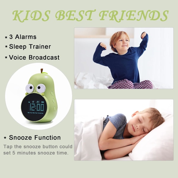 Børnevækkeur til piger Pære vækkeur med snooze Toddler søvntræningsur til soveværelse Hjemmekontor (Grøn)