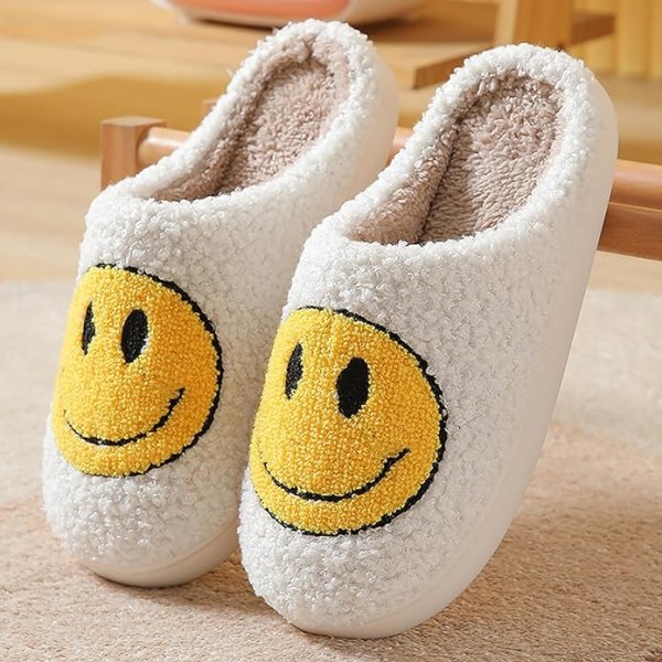 Søde Smil Tøfler til Kvinder Mænd, Bløde Plys Bløde Varme Par Slip-On Hjemme Happy Face Tøfler Preppy Tøfler Anti-slip Fuzzy Flat Slides（Størrelse: 5-6）