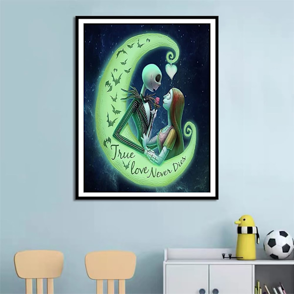 5D DIY Diamantmålning efter nummer-kit för vuxna, The Nightmare Before Christmas Halloween Jack och Sally med måne, 11,8 x 15,7 tum