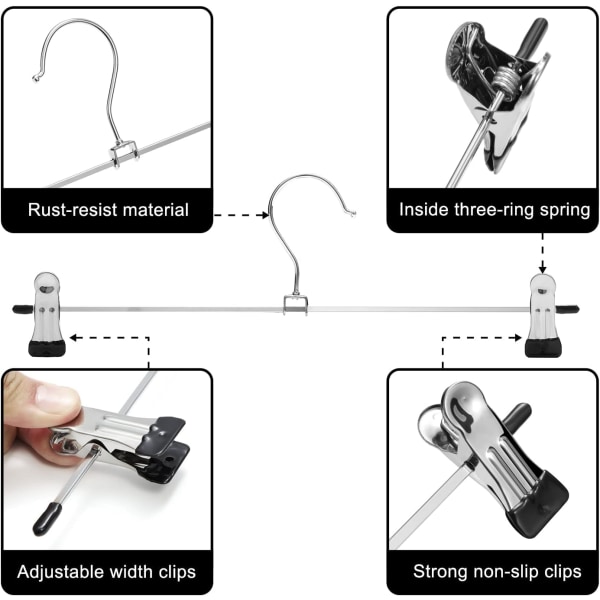 Skørteklæderbøjler med justerbare skridsikre clips Buksestænger, Pladsbesparende metalbøjler til frakkebeklædning Jeans, Bøjler til børn og voksne (20 stk.)