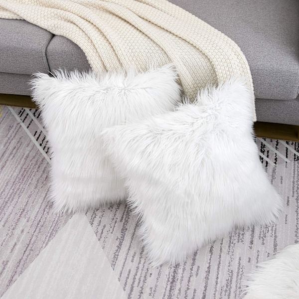 Set med 2 vita dekorativa fluffiga kuddfodral Nya lyxserie Merino Style Faux Fur Throw Pillow Covers Square Fuzzy Cushion Case 18x18 tum