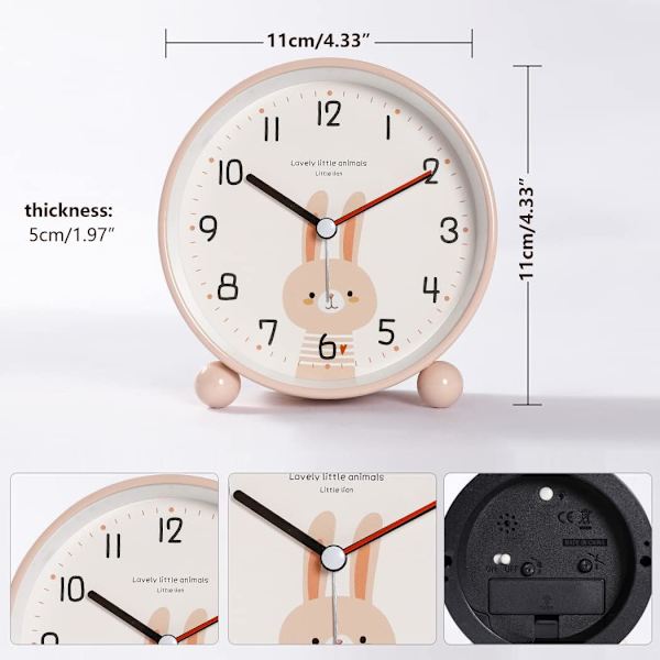 Pedagogisk väckarklocka för barn - Dag/natt Lätt att ställa in och batteridriven Nattlampa Tyst icke-tickande Reseväckarklocka (Rosa kanin)