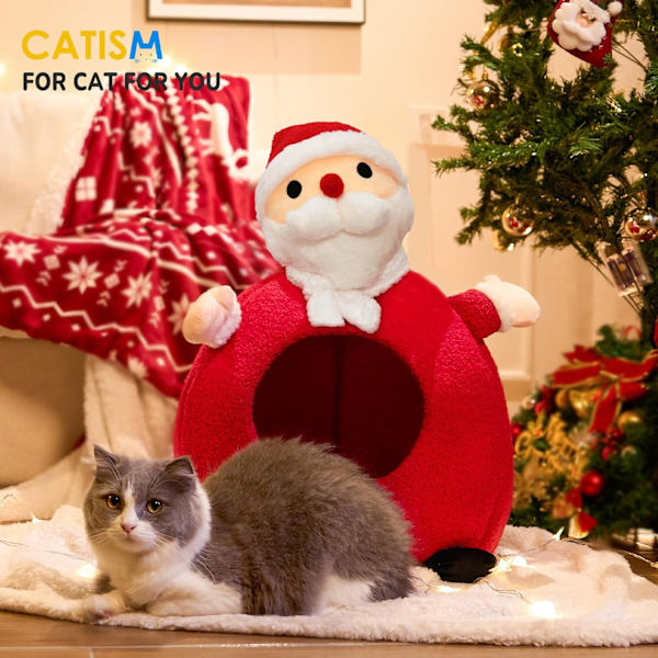 Jul för inomhuskatter, tomtekatt hus med värmeplatta, teddyull kattbädd grotta för små medelstora katter och hundar, röd (40,64 * 40,64 * 55,88 cm)