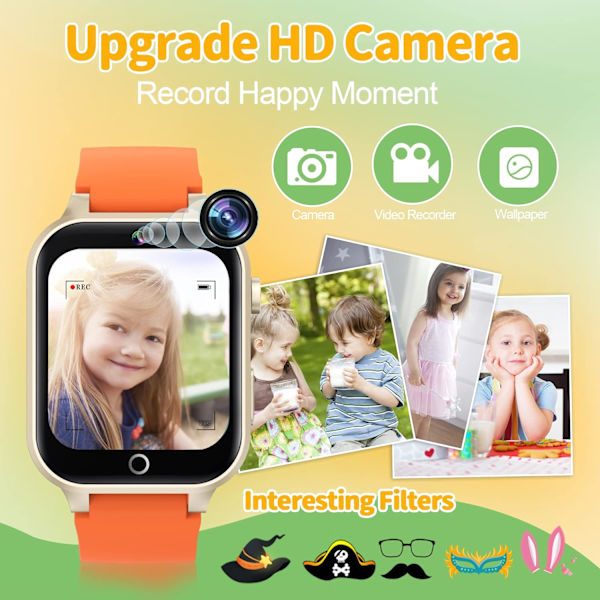 Smartklokke for barn HD berøringsskjerm kamera 26 spill musikkspiller video alarm skritteller, gutter jenter leker bursdagsgaver for 4-12 år gamle (oransje)
