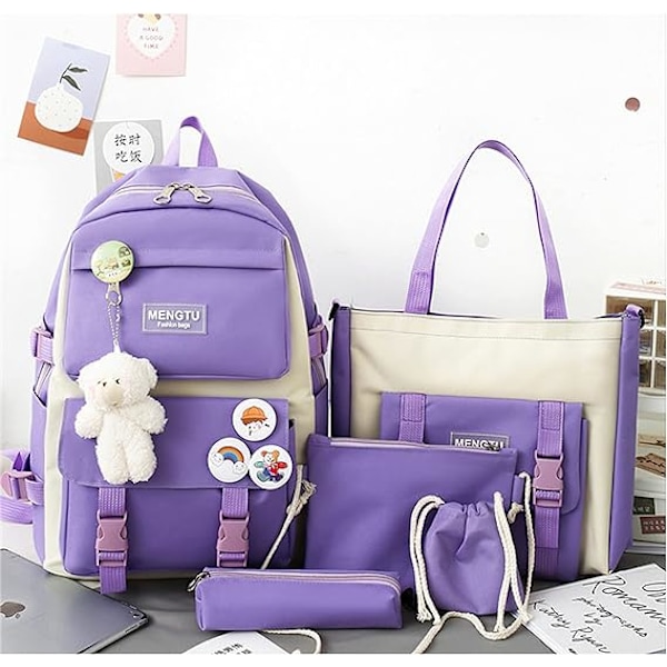 Kawaii Ryggsäck set 5 st Estetiska Skolväska söt ryggsäck set med Hänge Lunchväska, Pennfodral, Handväska, Myntväska