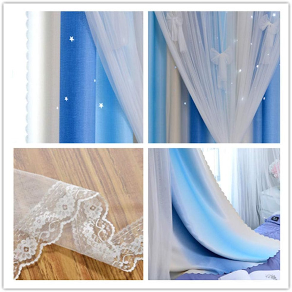 Gardiner gardiner (ca. 200 cm) lange rommørkningsringer 2 lag, 1 stk blå beige, bredde 1,5 * høyde 2,0 m et stykke 【Sløyfe】!