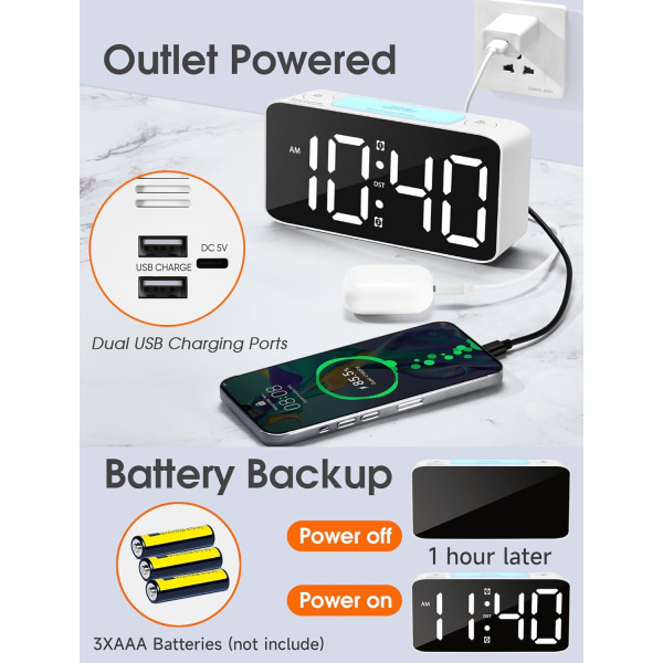 Superhög larmklocka för tunga sovare, digital klocka med 7-färgad nattlampa, justerbar volym, dimmer, USB-laddare, små klockor för sovrum