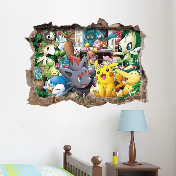 3D tecknad trasig väggsticker Baby Elf Pikachu dekal dagis