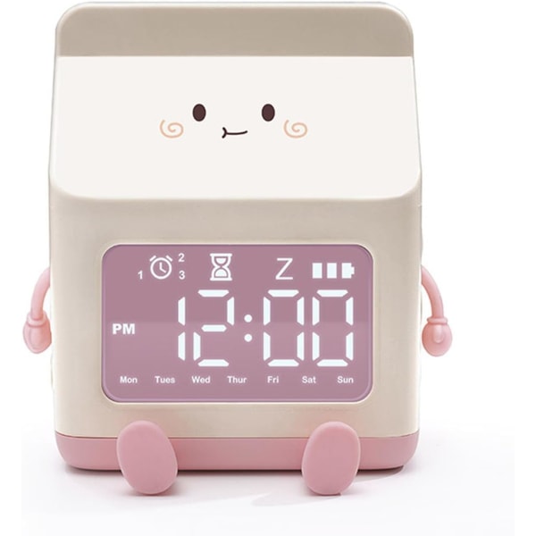 Cute Cartoon Milk Box Alarm Clock Digital Wake Up Clock with Countdown Function, Clear Display for Students (Pink)