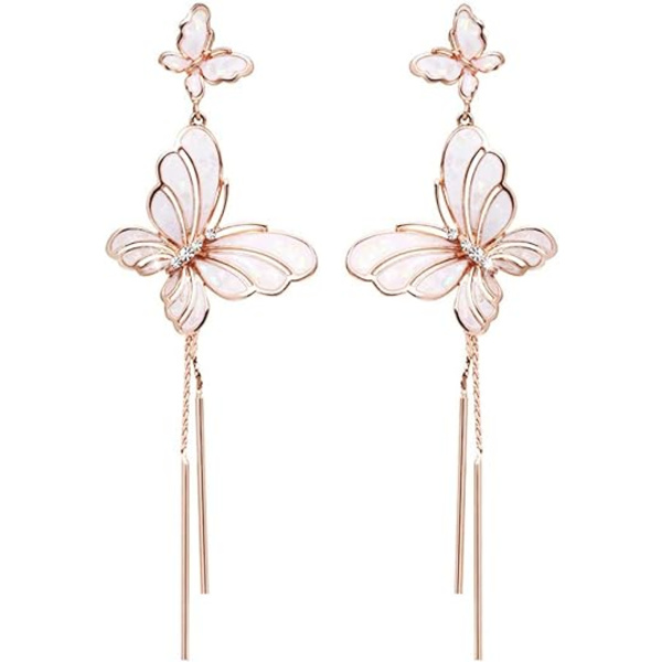 Rosaguld Sommerfugl Dangle Øreringe Lyse Rosa Emallerede med Perlemor Sommerfugl Kvast Lange Øreringe Pierced/Clip On Øreringe