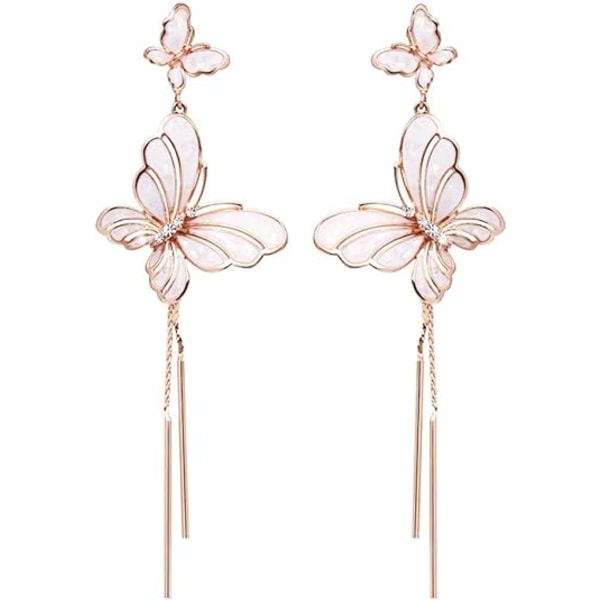 Rose Gold Butterfly Dingle Örhängen Ljusrosa Emaljerade med Pärlemor Butterfly Tofs Långa örhängen Pierced/Clip On Örhängen