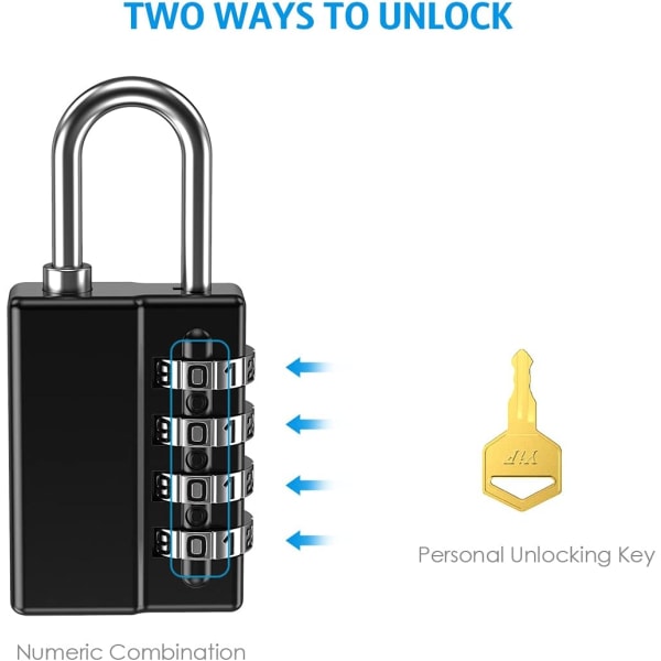 2-pak kombinasjonslås, 4-sifret tilbakestillbar sikkerhetslås med nøkler, vanntett portlås for skole, gymskap