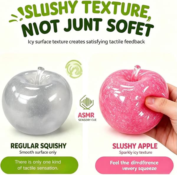 Grøn Æble-Slushy Squishy, Æble-Squishy Crunchy – Sød Blød Klemme-Fidget til Skrivebord & Rejse, Bærbar Sensorisk Beroligende, Ideel Gave til
