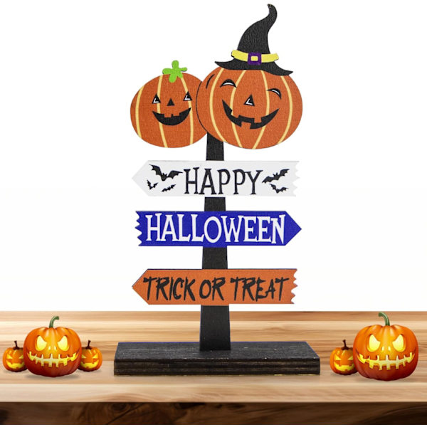 Halloween-bordpynt, Halloween-treornament Happy-skiltstativ for Halloween-festvinduspeisbordpynt, 14x8cm (dobbel gresskar)