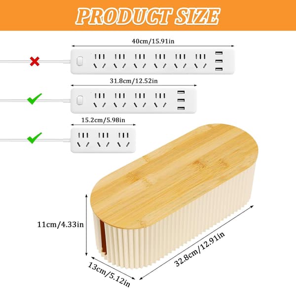 Cable Box with Bamboo Lid, Cable Management Box, Portable Under Desk Cable Box, Cable Organizer for TV Cables, Power Strips