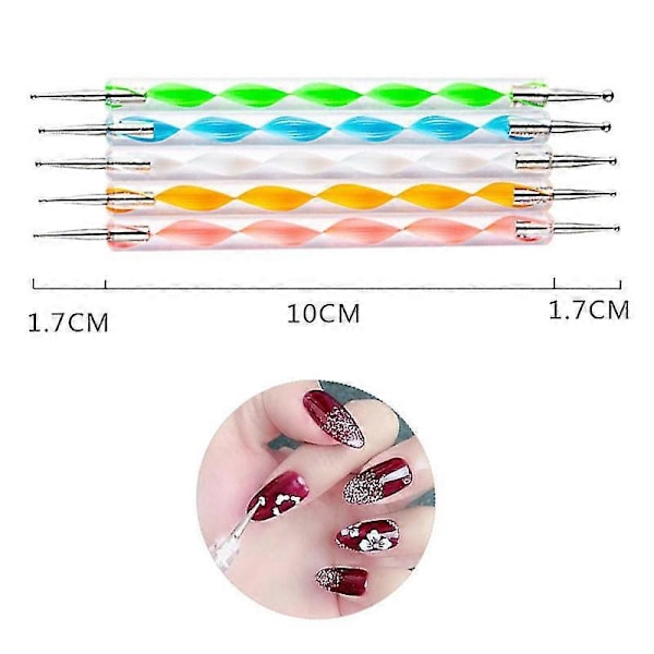5-pack Nagelprickpenna Marmorering Prickmålning Penna Polish Carving Verktyg Måla Manikyr Prick Nagelkonst Set - Flerfärgad