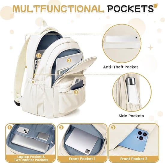 Backpack - School Backpack - 14-inch Laptop Backpack - Water-resistant and Lightweight - With Anti-theft Pocket - Casual Daypack - Beige