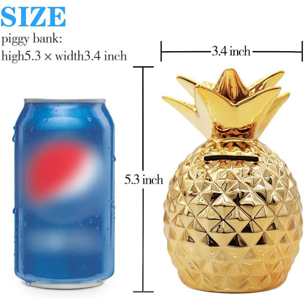 Keramisk ananas spargris, dekorativ heminredning, 5,3 x 3,4 tum, idealisk present till barn (guld)