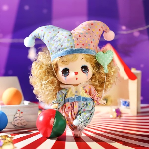 Modedocka, Clowndocka, Innehåller 6 tillbehör, inklusive clownkostym, dockstativ, dockballong, återanvändbar lekset – Perfekt present till flickor i åldrarna 3+