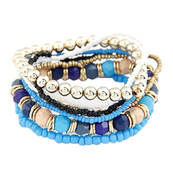 Zmd 7-pack Dam Boho Bohemian Mix Stil Multilayer Elastiska Pärl Armband för Bankett Fest Blå