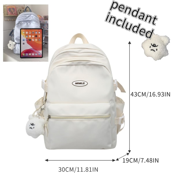 Kawaii ryggsäck med söta tillbehör Casual Estetisk ryggsäck Enkel laptopväska Vattentät reseryggsäck kvinnor, vit, ryggsäckar