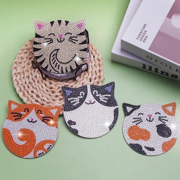 Diamantmaleri Coasters Sæt, 6 Stk Kat Diamantkunst Coasters med Holder, Håndværkssæt til DIY Coasters, Diamantkunst Sæt til Voksne