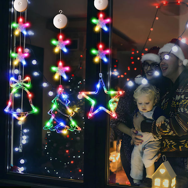 3 stk julevindulysdekorasjoner, batteridrevne julevinduhengende flerfargede opplyste trebjelle stjerneformede LED-sugekopplampe