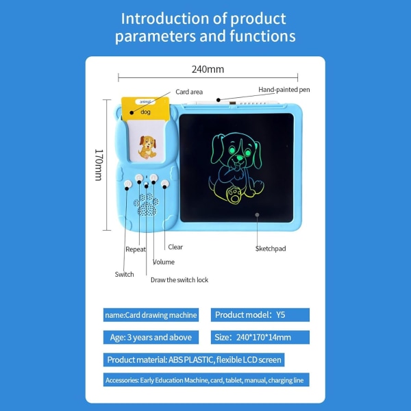 Tegneblok Legetøj | Elektronisk Tegnetavle Legetøj | Ordstudie Tidlig Læring Legetøj til Skrivning, Læsning, Stave og Tegning-Blå（224word）