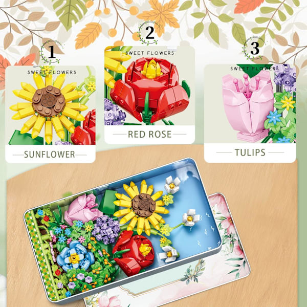 Blombukett Byggsats - 6 sorters blommor Botanisk samling, Blombyggklossleksaker Kreativt projekt för hemrum (478 delar)