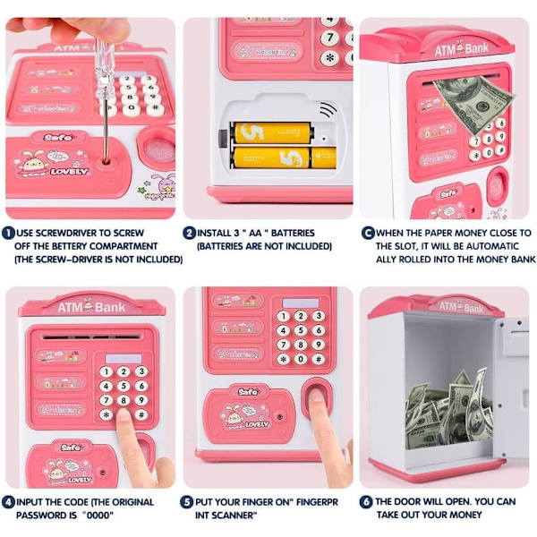 Bank forKids -rahakone sormenjäljellä ja salasanakoodilla - Min ATM -pankki, kolikkopankki, elektroninen säästölipas, lelu, syntymäpäivälahjat, joululahjat (vaaleanpunainen)