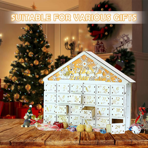 Træ Julekalender Advent Kalender Box 24 Dage Advent Kalender med LED Lys Nedtællingskalender 24 Opbevarings Skuffer Box til Gaver