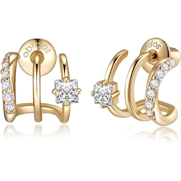 14K gullbelagt trippel Huggie Illusion Stud Ørepynt | Dobbel Huggie Hoop Ørepynt for ett hull | Gull Hoop Ørepynt for kvinner