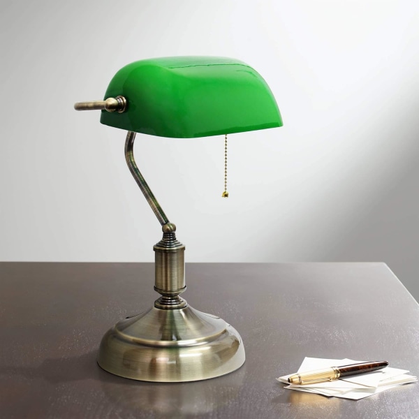 LT3216-GRN Executive Banker's Glass Shade Desk Lamp, Antique Nickel/Green 10 x 8.66 x 14.75