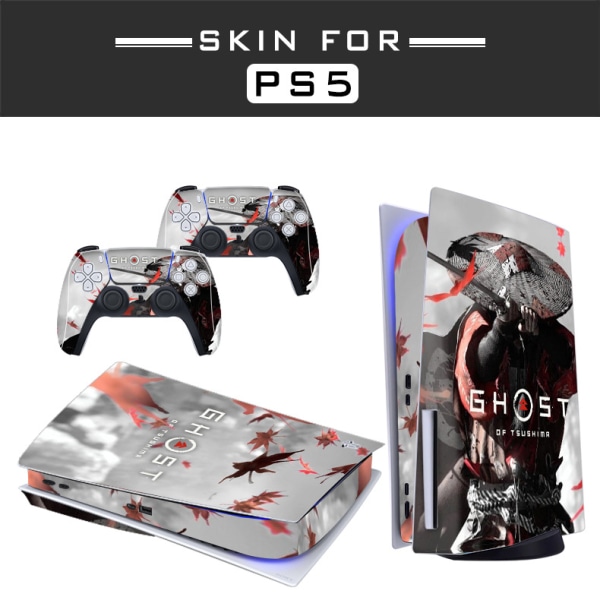 Självhäftande hud - Kompatibel med PS5-skydd för att anpassa konsolen - Avtagbar vinylfilm - Matt satin HD-kvalitet (Disk, Ghost of Tsushima02）