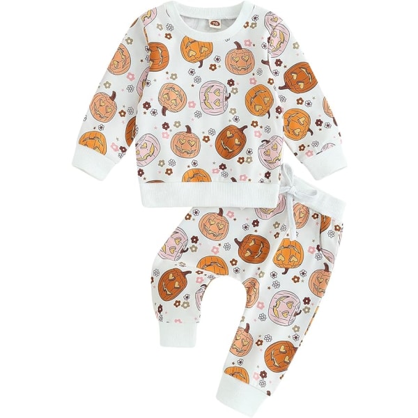 Toddler Baby Girl Halloween Clothes Kid Girl Cute Pumpkin Print Outfits Pullover Sweatshirt and Flare trouser Set（Size：100CM）Suggest Age:18-24Months