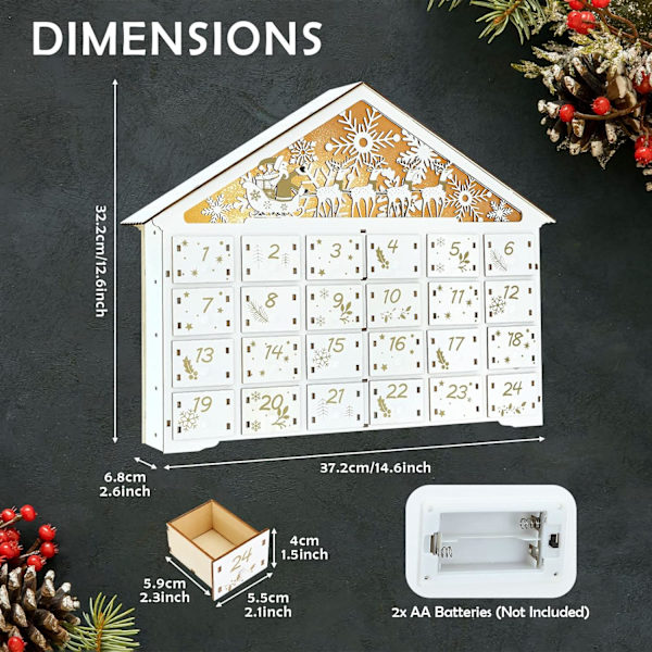 Træ Julekalender Advent Kalender Box 24 Dage Advent Kalender med LED Lys Nedtællingskalender 24 Opbevarings Skuffer Box til Gaver