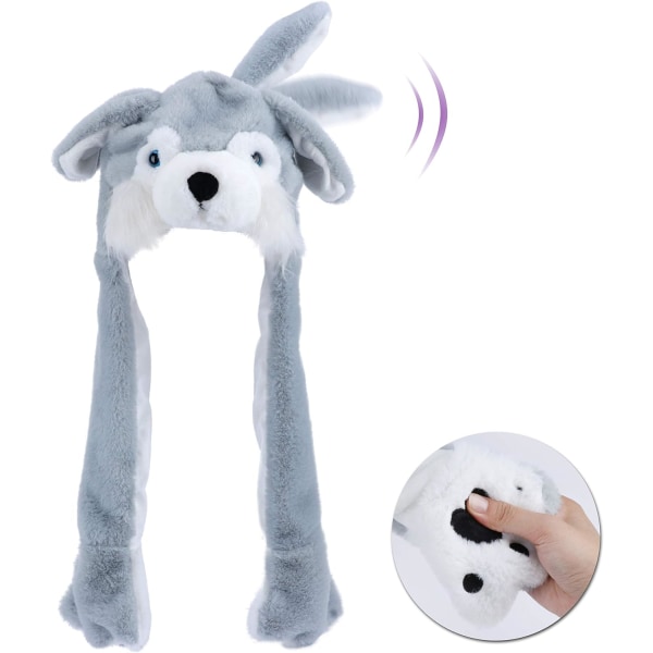 Husky Hat with Ears Moving Jumping Pop Up Beating Hat Plush Holiday Cosplay Dress Up Funny Gift for Kids Girls, Gray, 22''