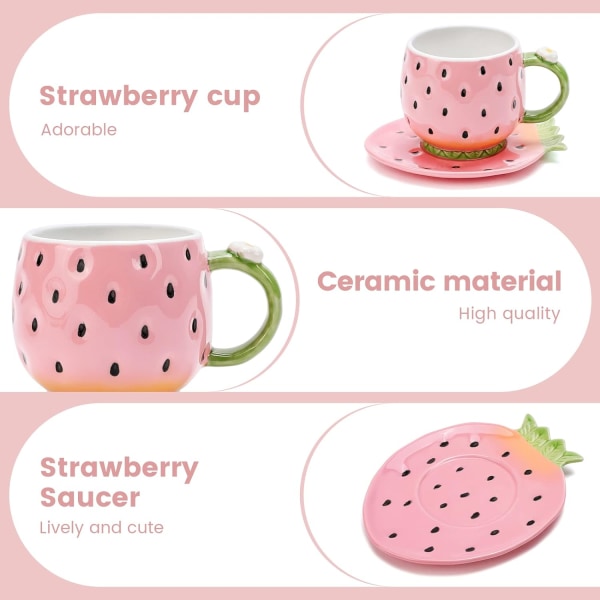 Keramisk tekopp og skål Kaffe krus Jordbær Kaffe krus med skål - 8 Ounce (Rosa)