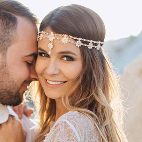 Bryllupshovedbånd Kæde Blomster Smykker Hårstykker Krystal Perle Hovedbeklædning Festival Halloween Kostume Brude Tilbehør til Kvinder og Piger (Guld)