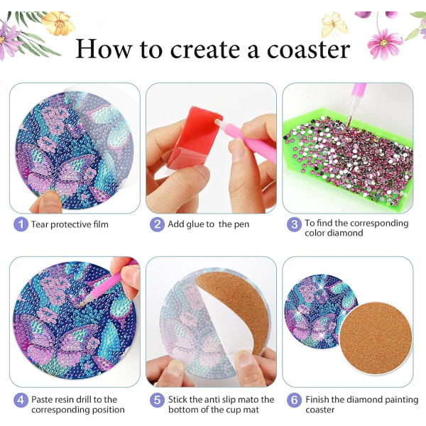 8 stk sommerfugl diamantkunst maleri coasters kits med holder DIY sommerfugl diamantkunst coaster sklisikker coaster for voksne