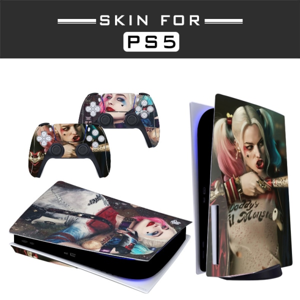 Adhesive Skin - Kompatibel för PS5 - Cover för att anpassa konsolen - Avtagbar vinylfilm - Matt satin HD-kvalitet (Disk, Harley Quinn, the Joker)