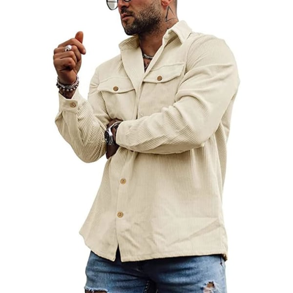 Herr Corduroy Skjortor Beige Långärmad Knäppning Trucker Jacka Skjorta Casual Work Shacket Skjorta med Fickor（Storlek：XL）
