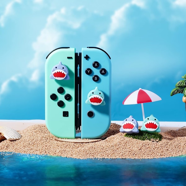Tumgreppskåpor för Nintendo Switch, söta joystick-skydd med 3D-mönster, mjukt och bedårande silikonanalogt 4-delars kit för Switch/OLED/Lite, söt haj