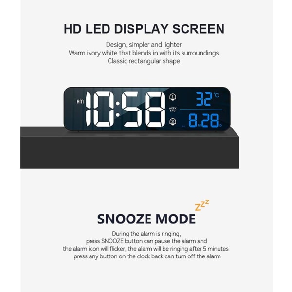 Digitaalinen suuri näyttö herätyskello olohuoneen makuuhuoneen sisustukseen LED elektroninen päivämäärä lämpötilanäyttö seinälle sähkökellot automaattinen kirkkaus himmennin