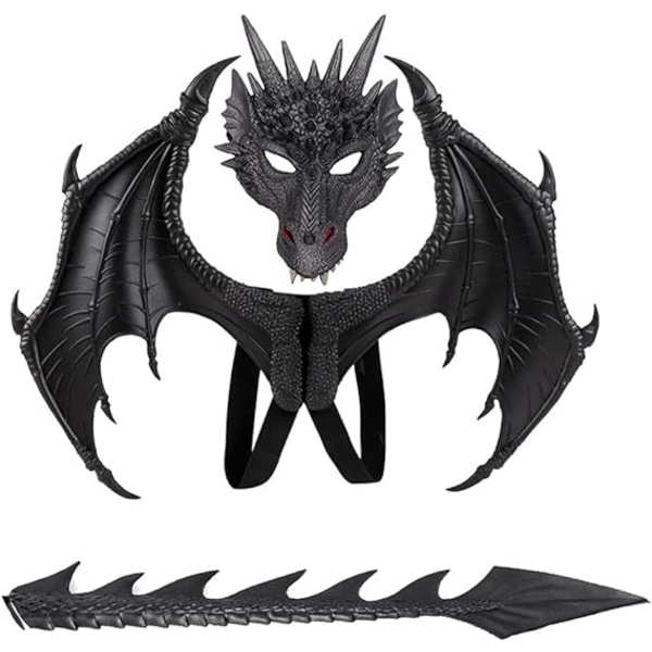 Drakdräkt för barn pojkar flickor, CRTEPST drake vinge svans mask set, Halloween dinosaurie cosplay set för barn (svart)